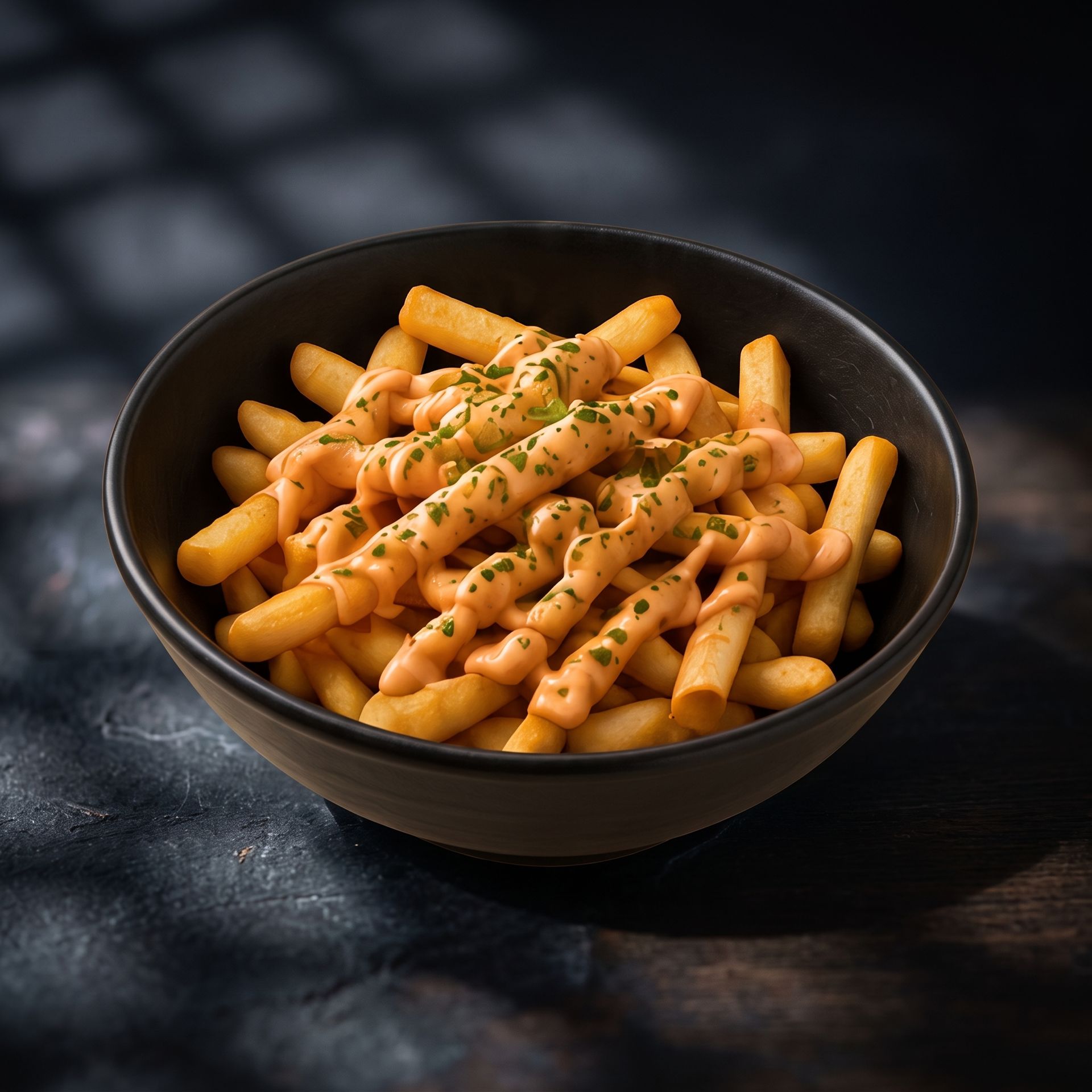 Black bowl of penne pasta topped with herbs on a dark surface