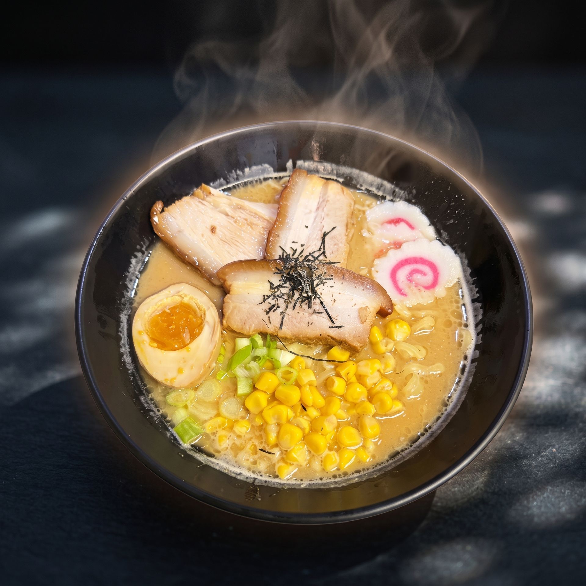 Steaming ramen bowl with pork slices, soft-boiled egg, corn, and narutomaki in dark broth
