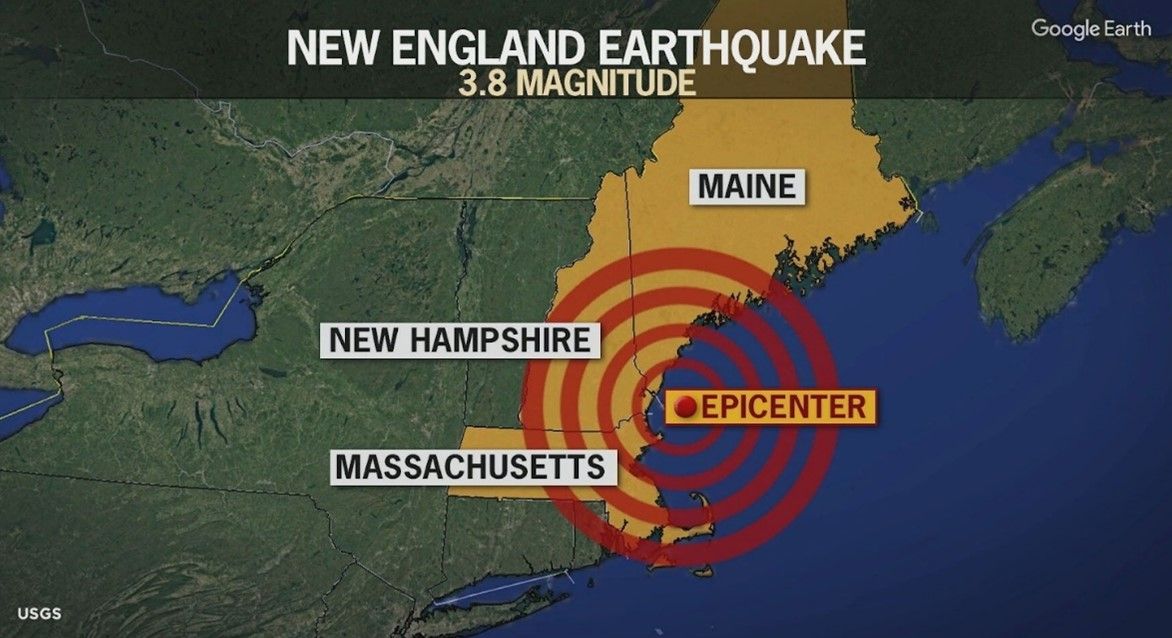 A map of New England showing the 1/27/25 earthquake epicenter off the southern Maine coast.