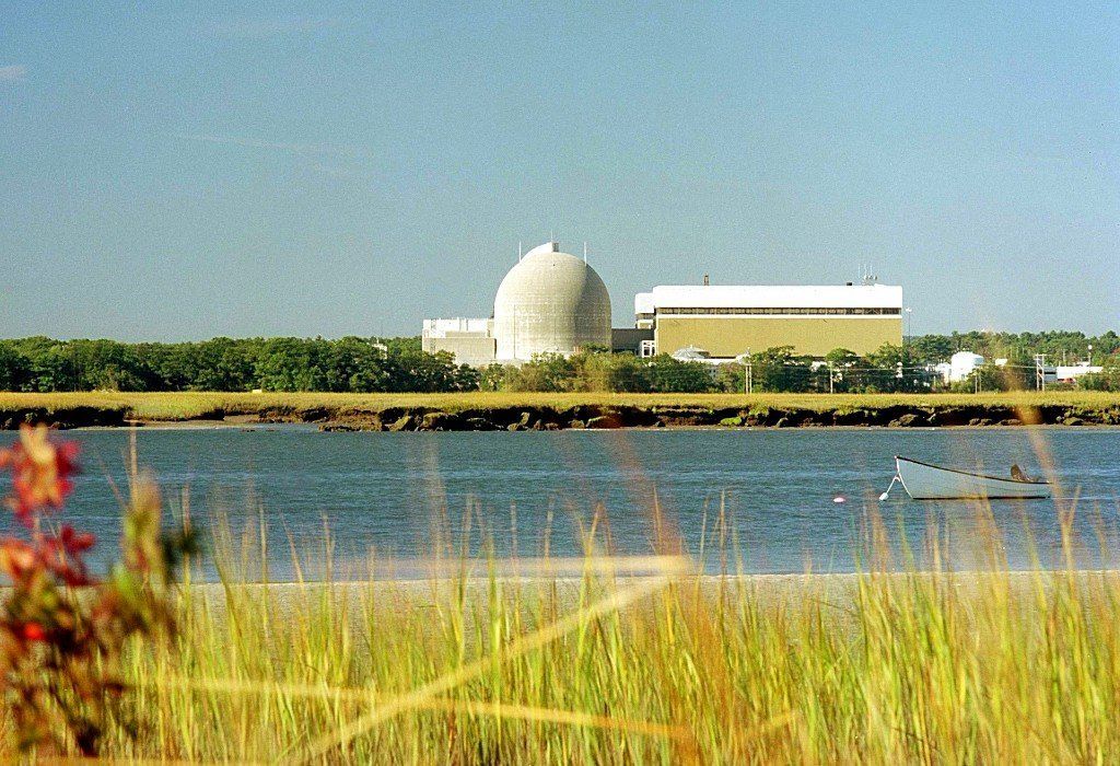 A view of Seabrook Station Nuclear Power Plant from the surrounding coastal marsh. The containment dome is the largest structure pictured.