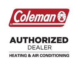 Coleman logo: authorized dealer of heating & air conditioning. Red and white logo with text.