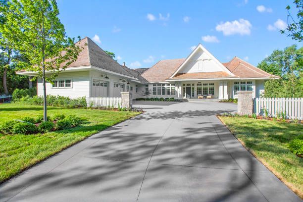 Modern house with white exterior and a long driveway, surrounded by green lawn and trees under a blue sky