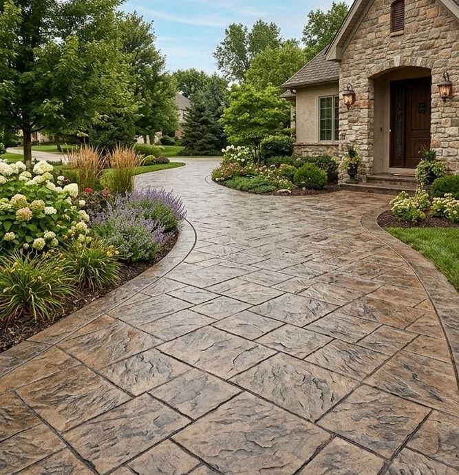 Stone driveway curving to a brick house, bordered by green shrubs and blooming flowers.