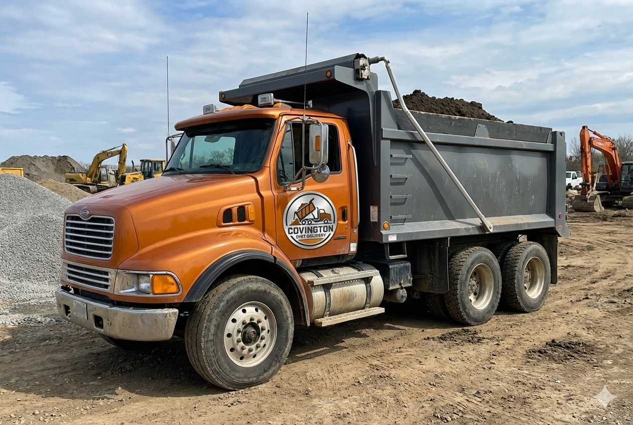 An orange dump truck loaded with soil parked on a dirt construction site.