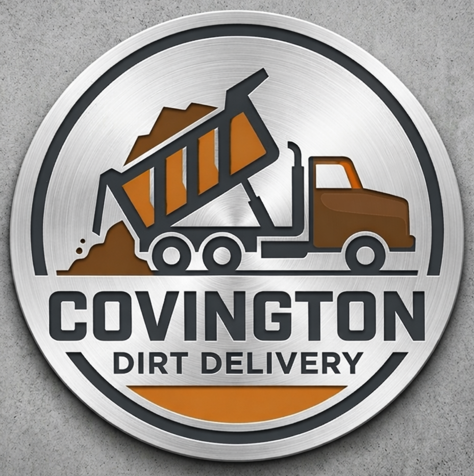 A circular logo with a dump truck pouring dirt on a brushed metal background, featuring the text "COVINGTON DIRT DELIVERY."