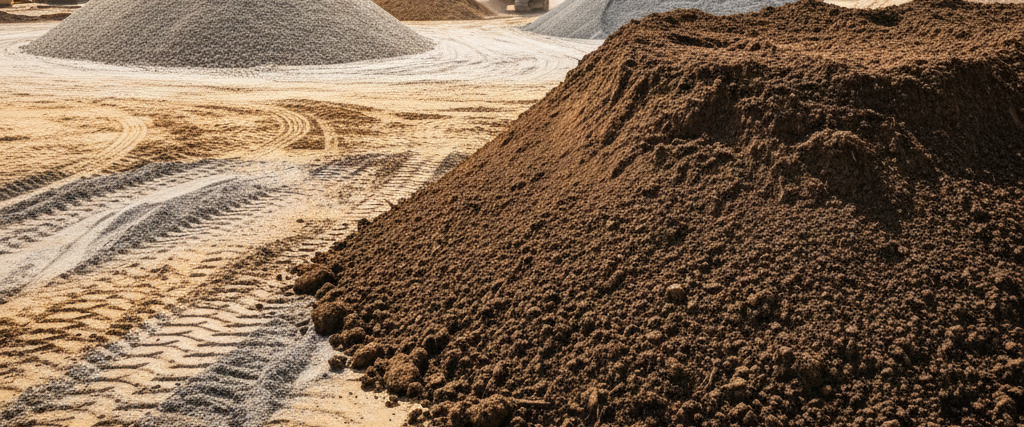 Piles of dark soil and light-colored gravel sit on a dirt ground with visible tire tracks.