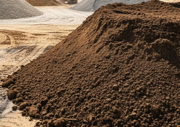 A large pile of dark brown soil in a construction yard, with other piles of gravel and dirt in the background.
