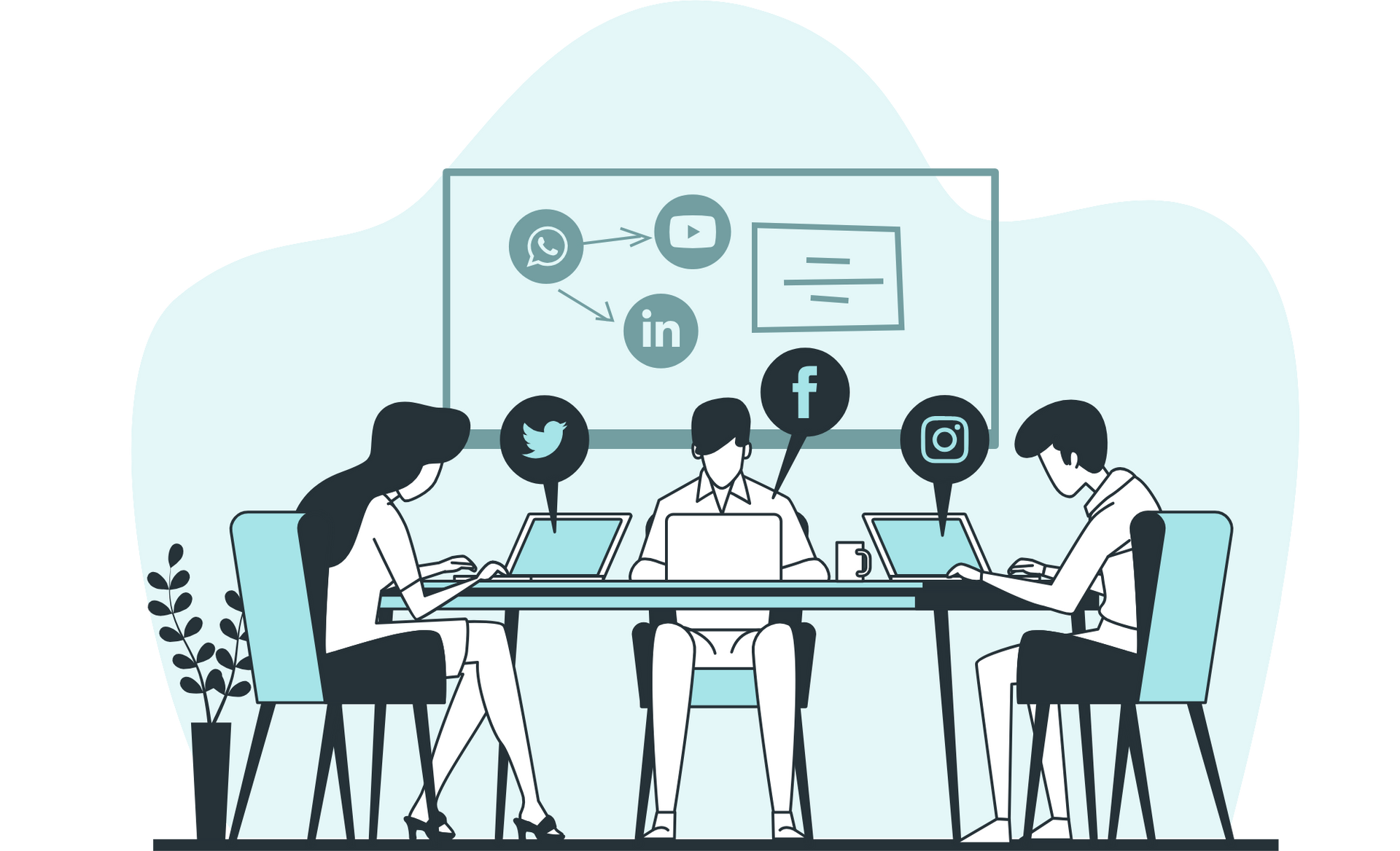 Team collaborating at a table with laptops and social media icons on a screen behind them.