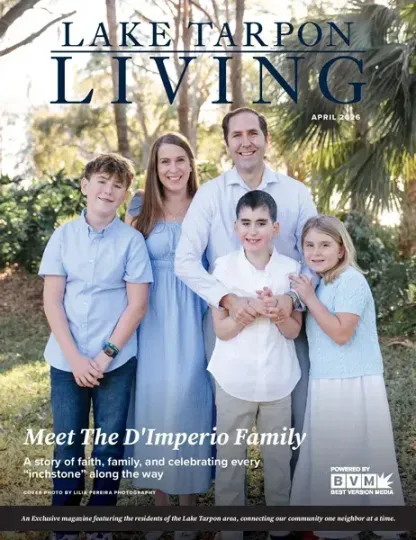 Lake Tarpon Living magazine cover with a smiling family posed outdoors under palm trees