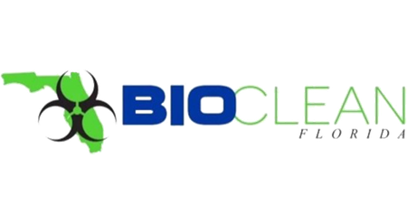 BioClean Florida logo with green biohazard symbol and blue-and-green text on white background BioClean Florida logo with green biohazard symbol and blue-and-green text on white background