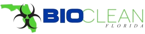 BIOCLEAN Florida logo with green biohazard symbol and blue text on white background