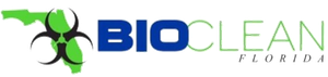BIOCLEAN Florida logo with green biohazard symbol and blue text on white background