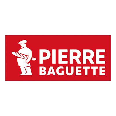 Pierre Baguette-Logo in Weiß auf rotem Hintergrund mit Bäcker-Symbol