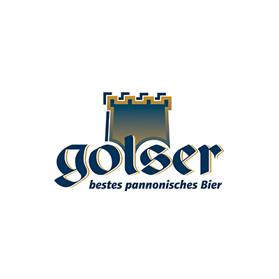 Golsser-Bierlogo mit blau-goldenem Schlosssymbol und dem Schriftzug „Bestes pannonisches Bier“