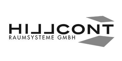 HILICON T-Logo in Schwarz mit grauen geometrischen Formen und kleinem Text „RAUMSYSTEME GMBH“ darunter