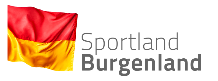 Sportland Burgenland-Logo mit rot-gelber Flagge und grauem Text