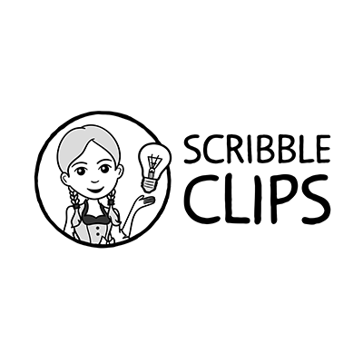 Das Logo von Scribble Clips zeigt eine lächelnde Comic-Frau, die ein Glühbirnen-Symbol hält.