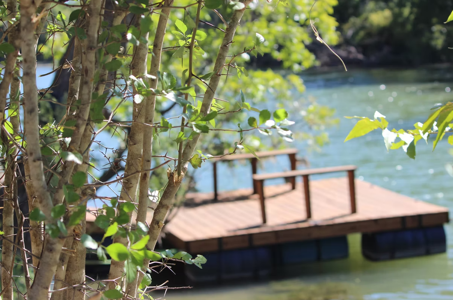 A wooden dock is in the middle of a lake surrounded by trees.