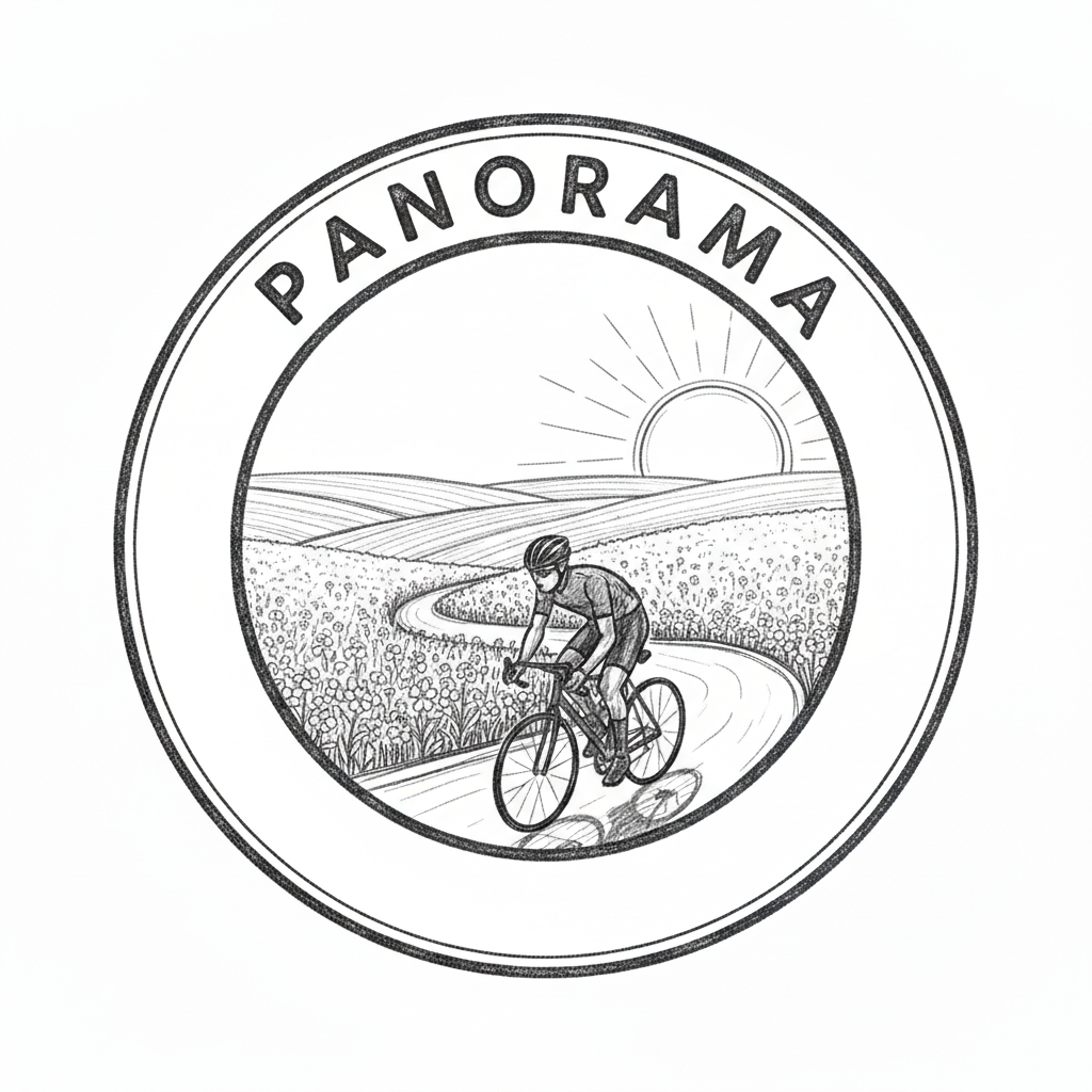 Das Bild zeigt den Entwurf von einem Logo, ein Fahrradfahrer fährt durch Felder