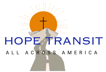 The logo for hope transit all across america is a road with a cross on top of it.