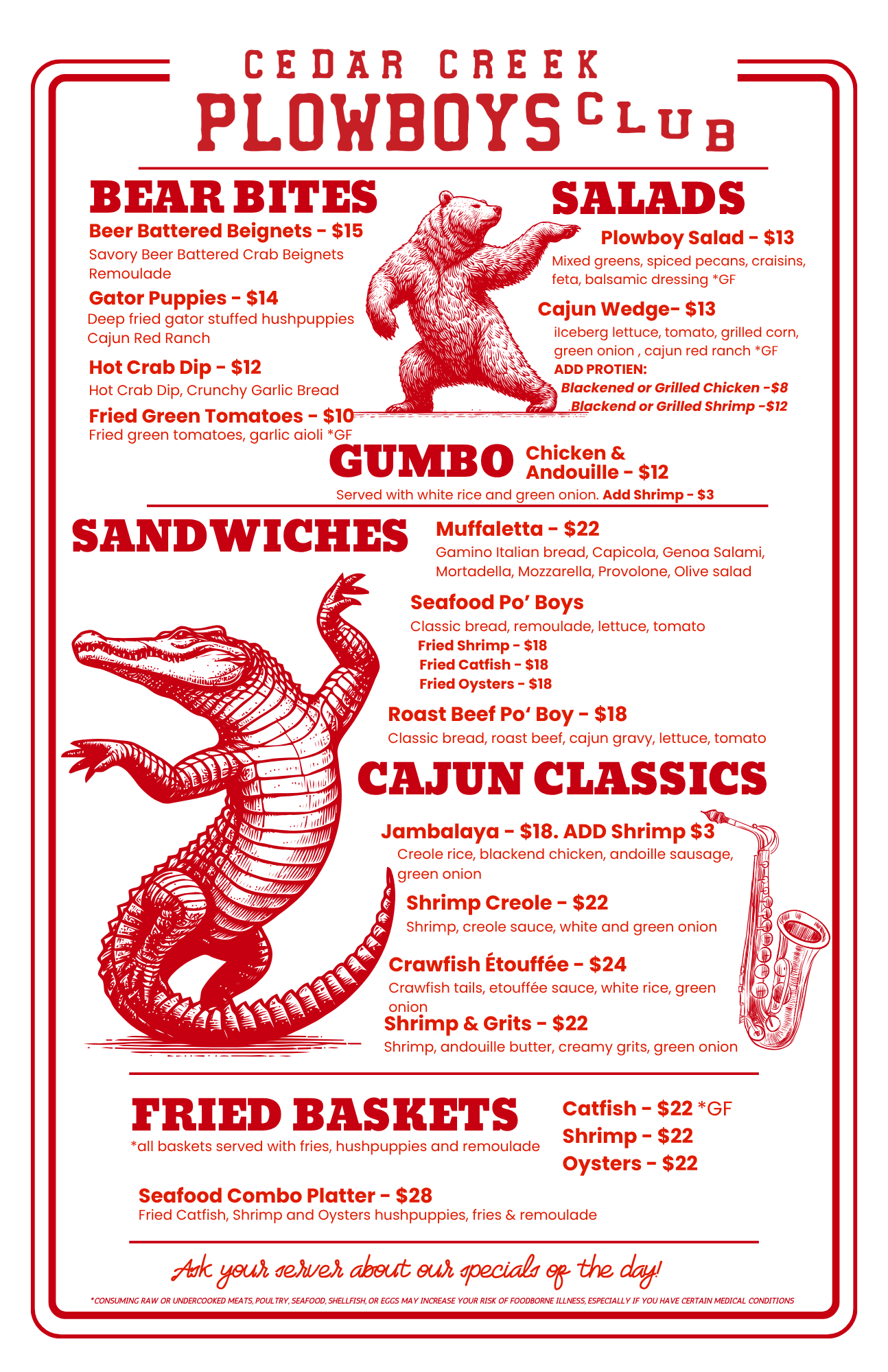 Menu for Cedar Creek Plowboys Club featuring bear and alligator illustrations in red.