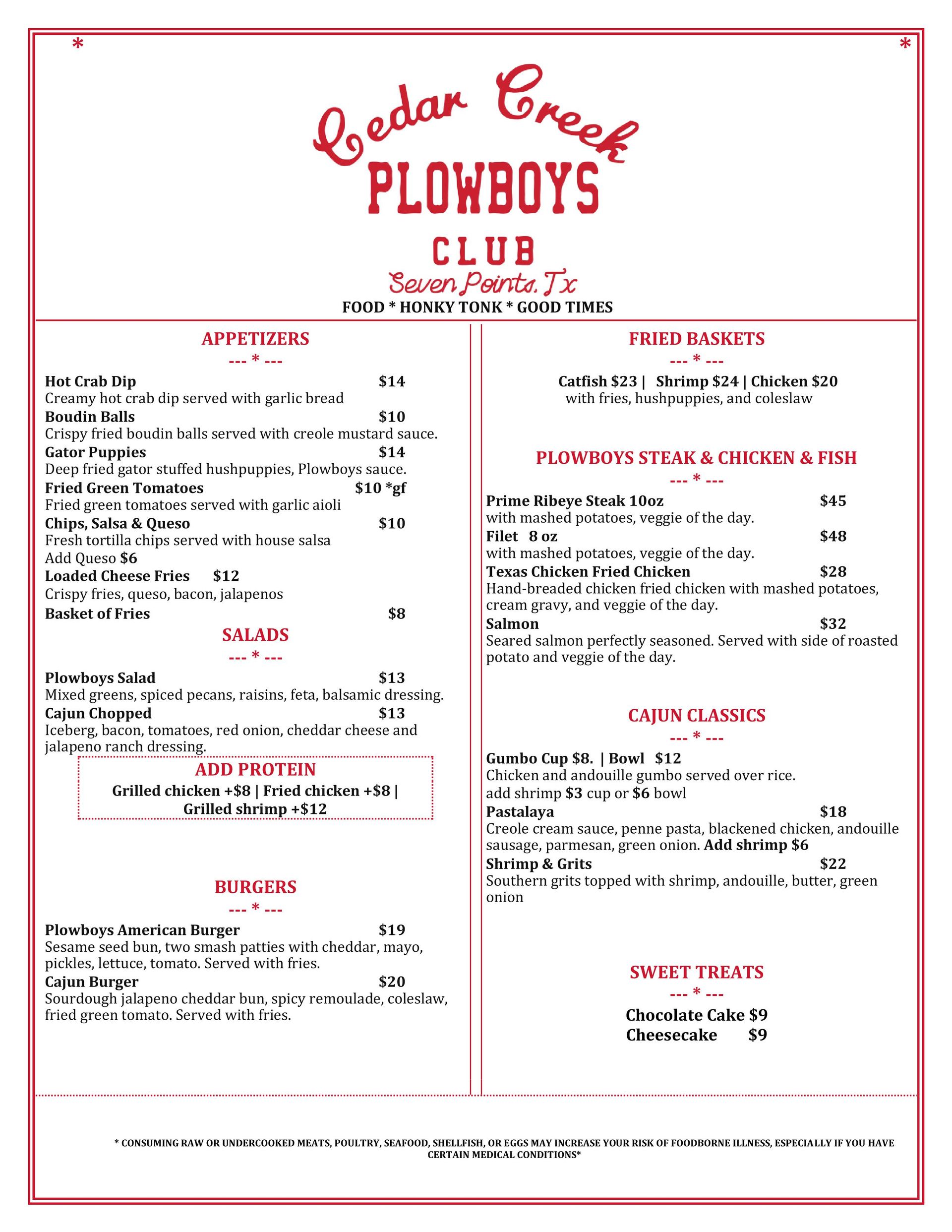 Red-and-white Cedar Creek Plowboys’ Club menu with two text columns and decorative border