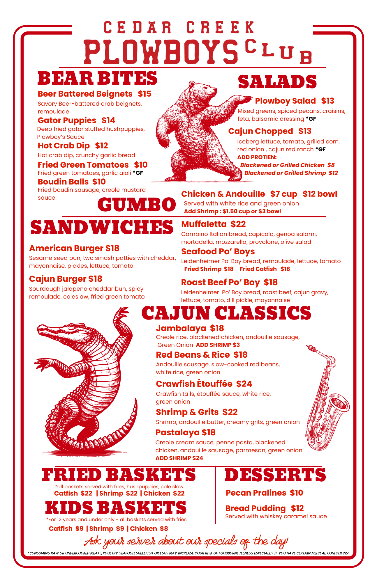 Menu for Cedar Creek Plowboys Club featuring bear and alligator illustrations in red.