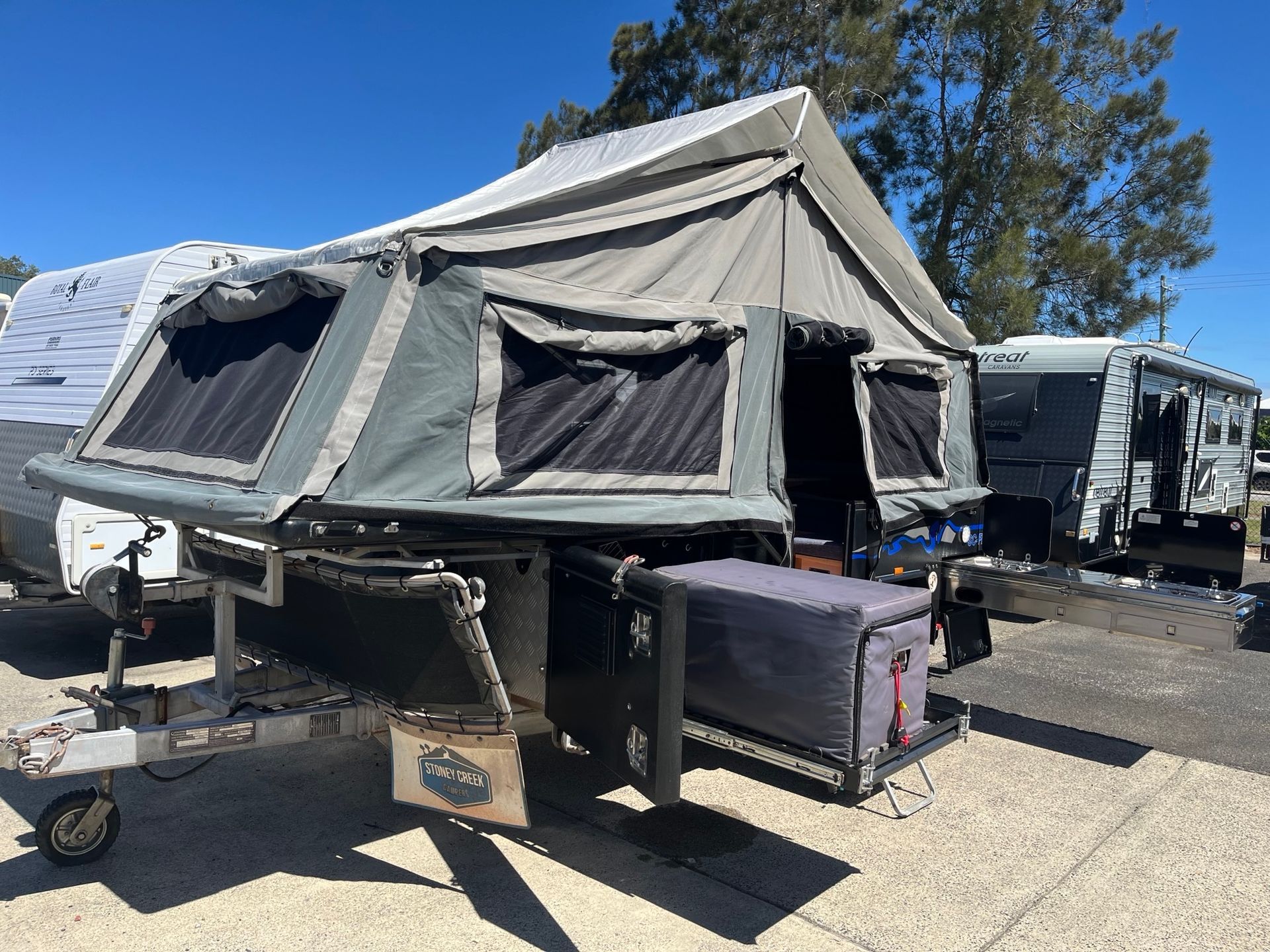 A Used Camper Trailer On Display In A Sales Yard  -  Perkins Caravans Ballina