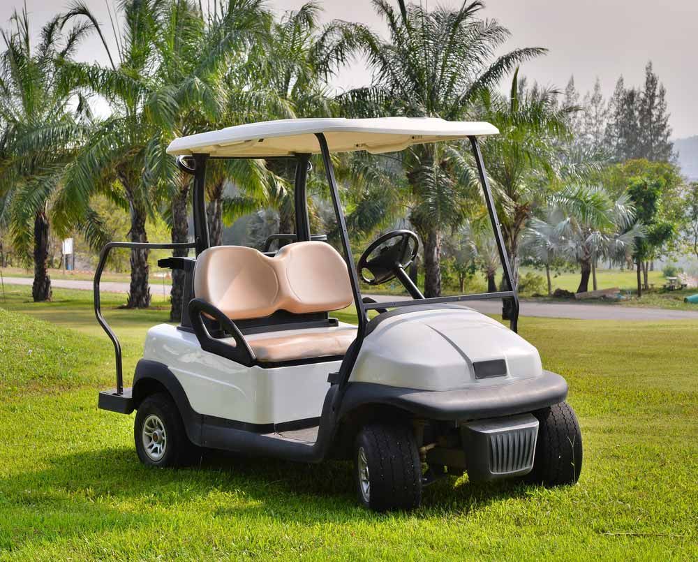 A White Golf Cart Is Parked On A Lush Green Field — Perkins Caravans in Ballina, NSW