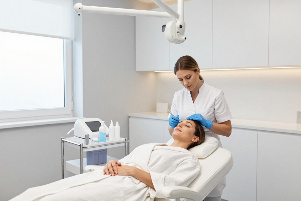 Higienista dental examinando a un paciente en una clínica luminosa, con un sillón reclinable y equipo dental.