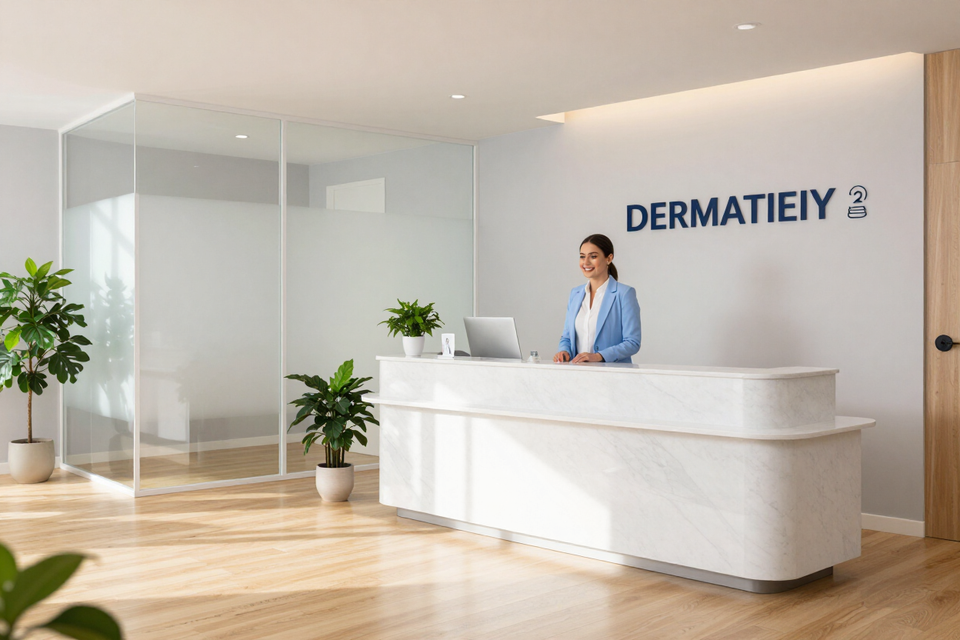 Recepción de clínica moderna con escritorio blanco, plantas en macetas y un miembro del personal detrás del mostrador.
