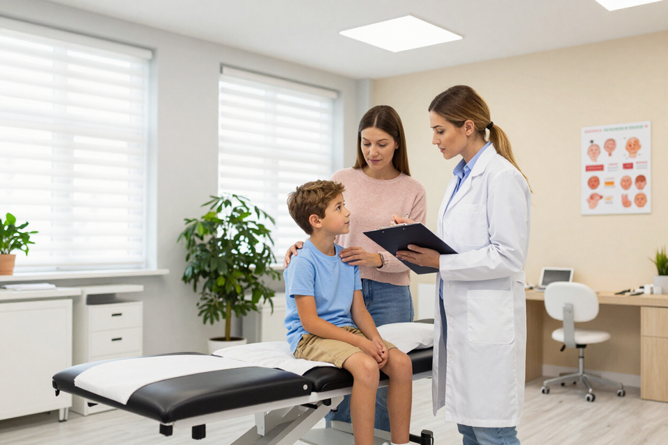 Un médico atiende a un niño y a sus padres en una luminosa sala de exploración pediátrica.