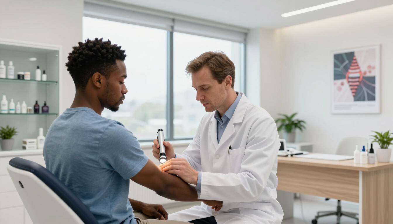 Un médico examina el brazo de un paciente en una luminosa sala de consulta.