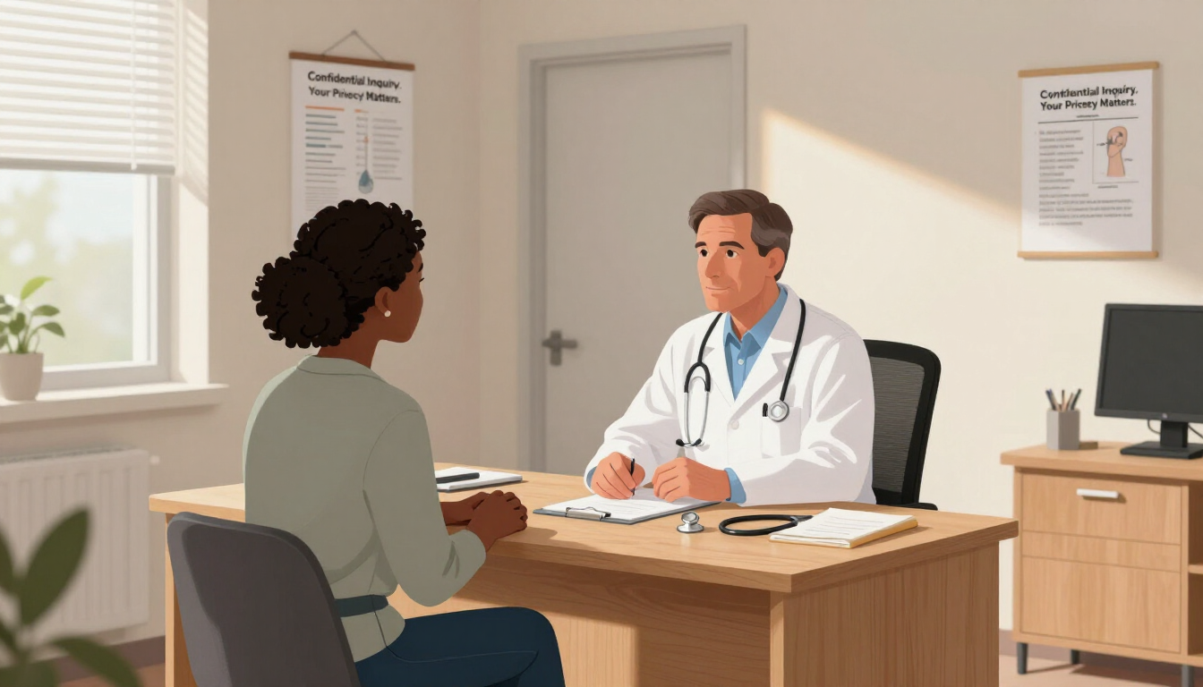 Un médico atiende a un paciente en un luminoso consultorio médico con escritorio, ventana y carteles en la pared.