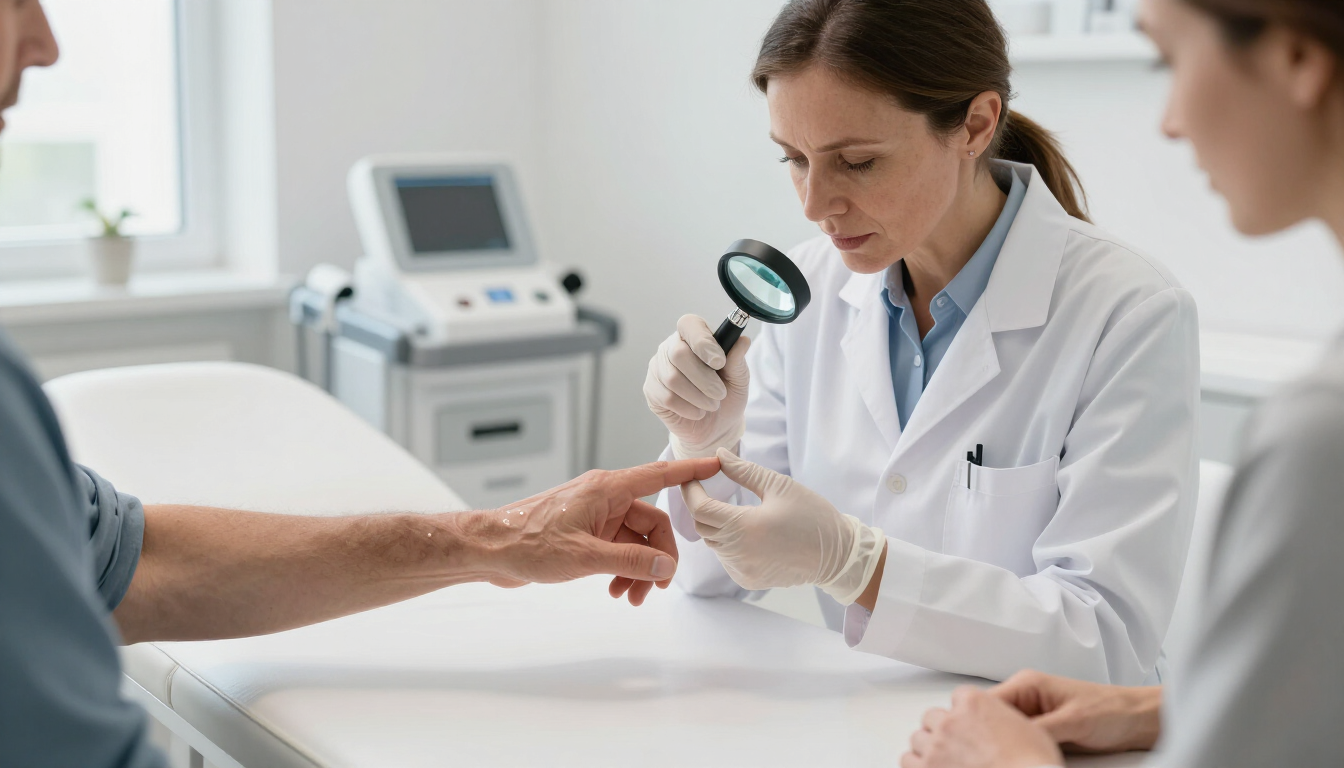 Un médico examina la mano de un paciente con una lupa en una clínica bien iluminada.