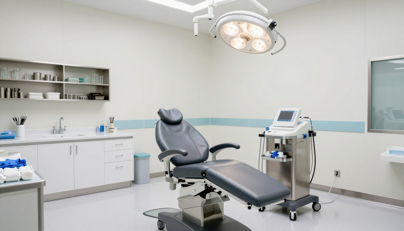 Consultorio dental moderno con sillón reclinable, luz cenital y equipo médico.