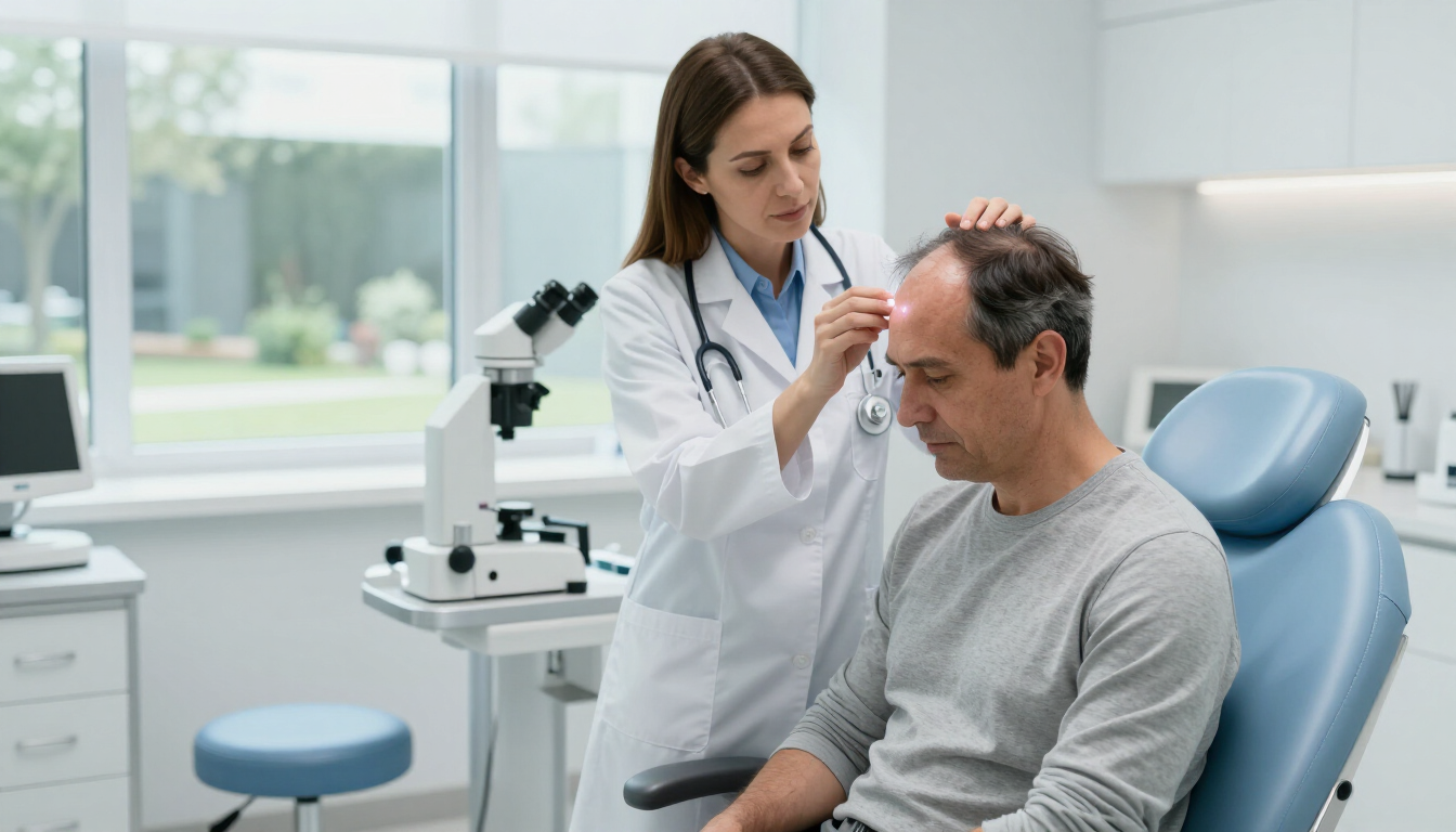 Examen de la vista en una clínica bien iluminada; el médico examina el ojo de un paciente sentado con una lámpara de hendidura.