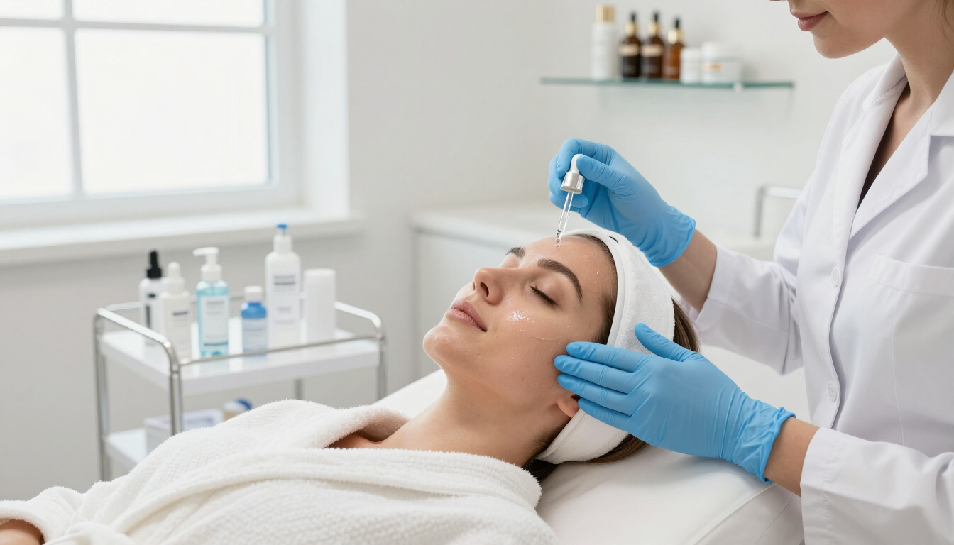 Tratamiento facial en un spa, con manos enguantadas aplicando suero a una clienta recostada.
