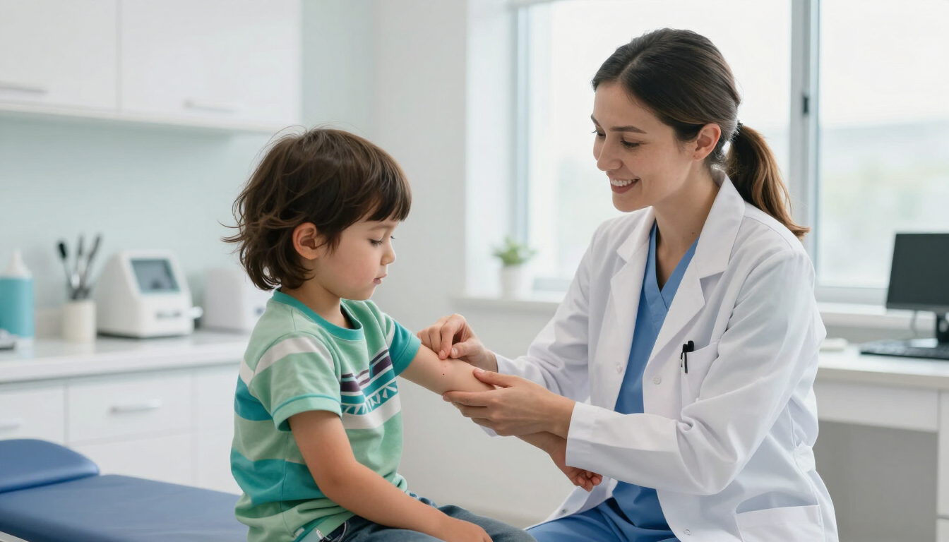 Un médico examina el brazo de un niño en una clínica luminosa, con una sonrisa tranquilizadora.