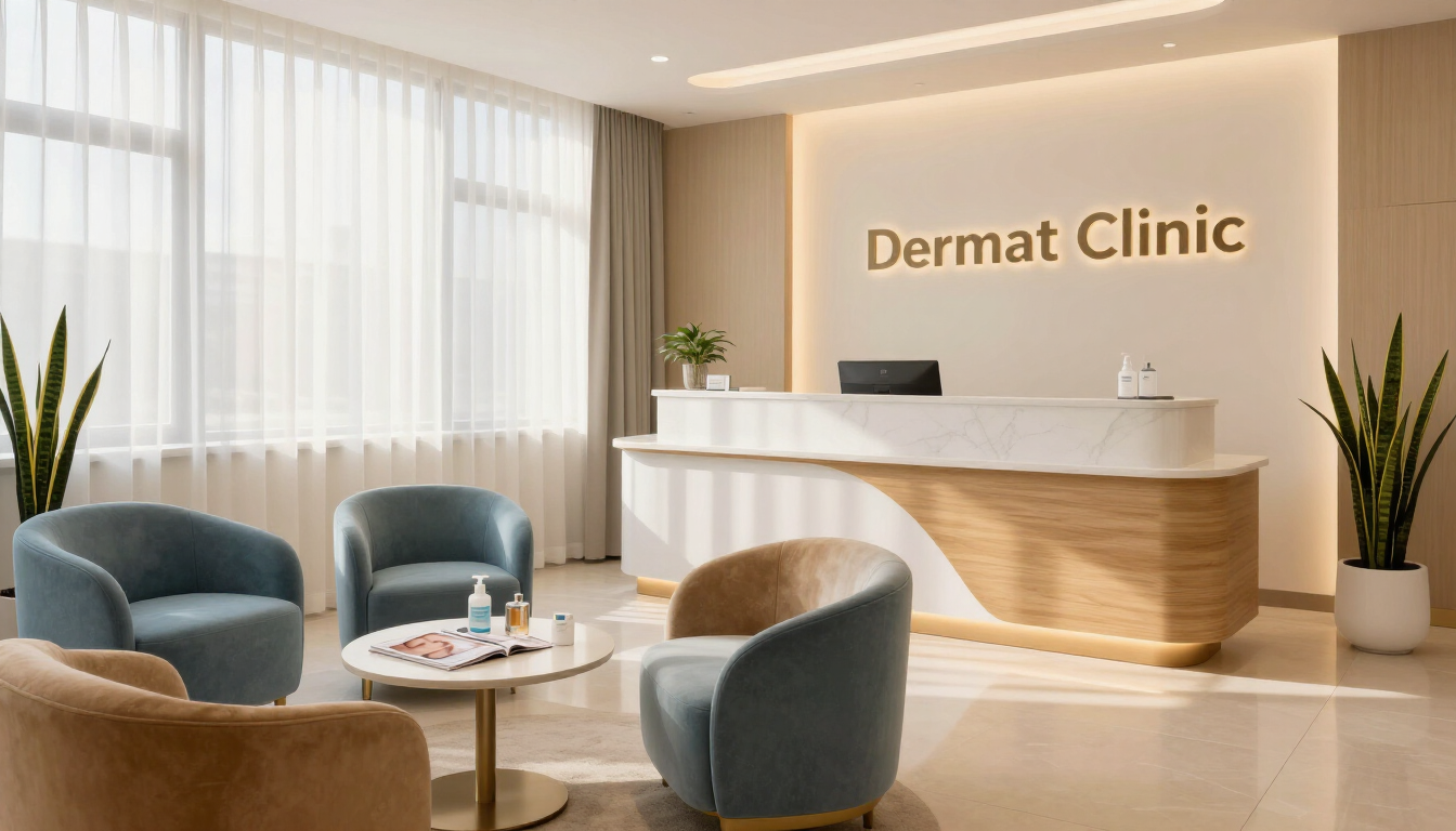 Recepción luminosa de una clínica dermatológica con escritorio curvo de madera, sillones y grandes ventanales.