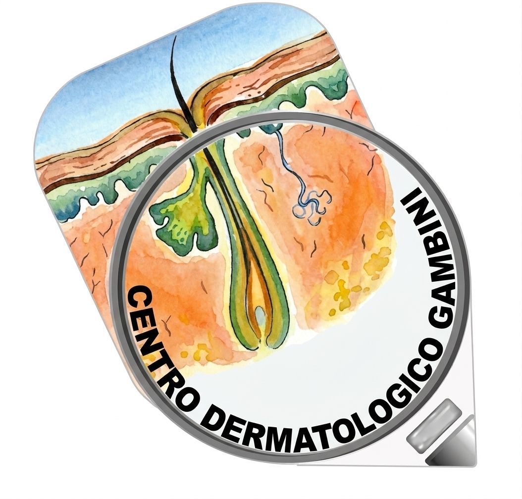 Logotipo del Centro Dermatologico Gambini con una lupa sobre una ilustración de la piel.