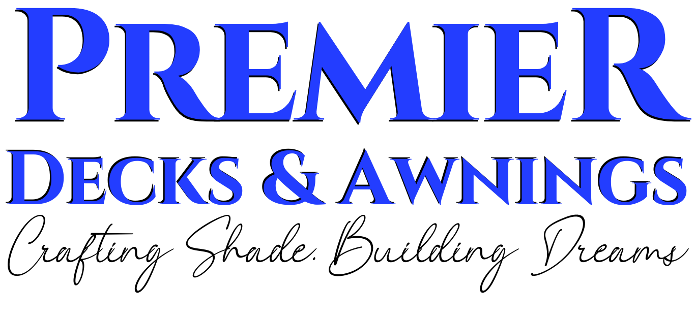 a logo for premier decks and awnings crafting shade building dreams