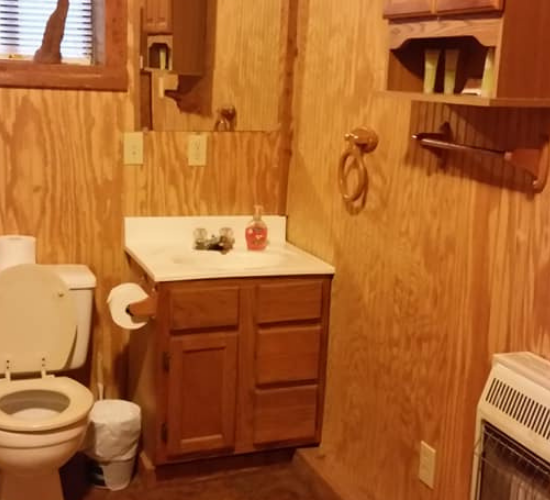 Small wood-paneled bathroom with toilet, sink cabinet, mirror, and wall shelves.
