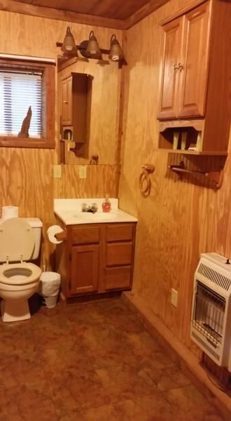 Small wood-paneled bathroom with toilet, sink vanity, window, and wall heater.