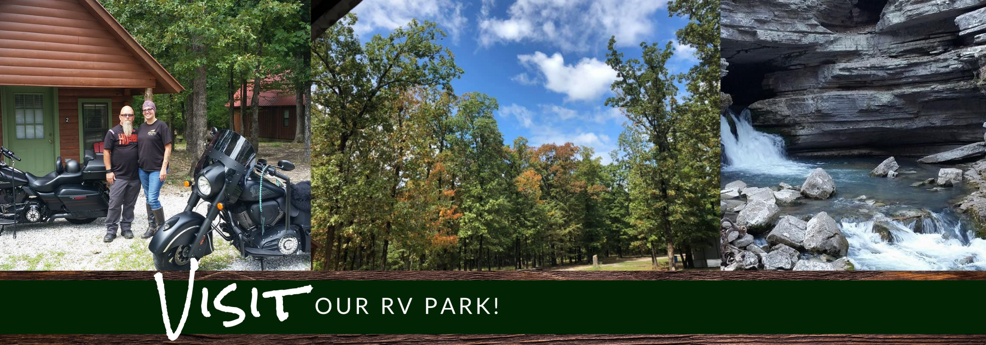 Scenic RV park banner with a campsite, trees, waterfall, and mountains; “Visit our RV park” text