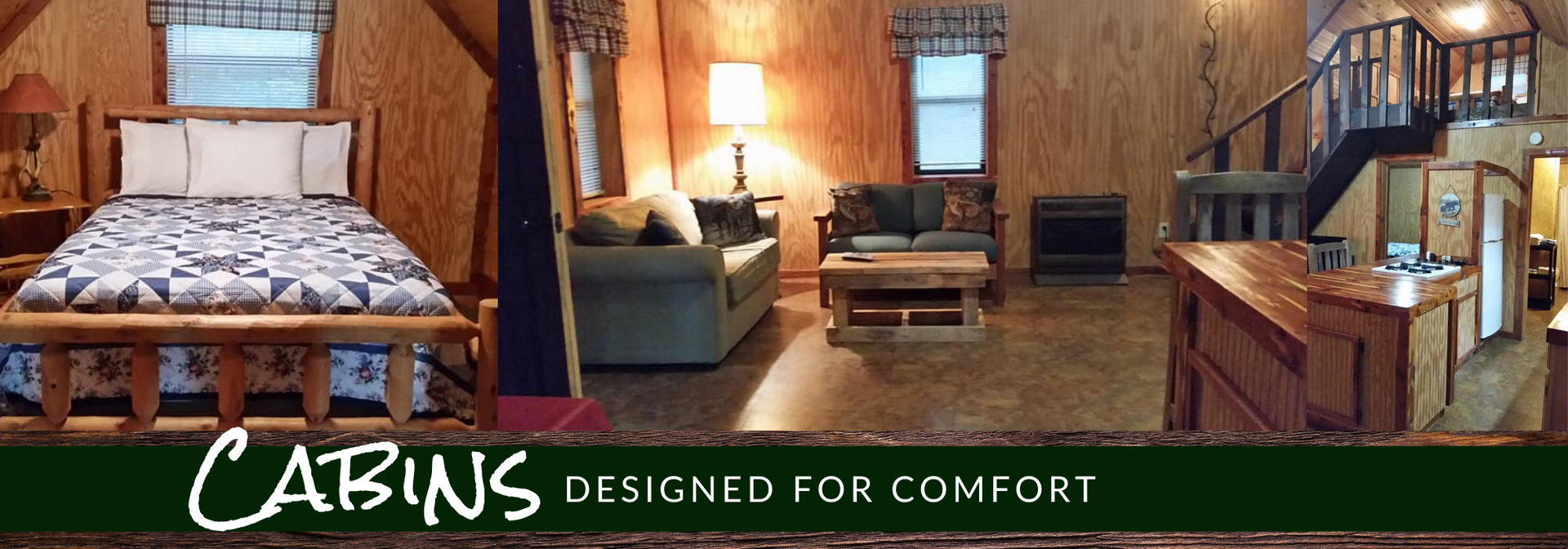 Cabin interior collage with wood walls, cozy bed, lamp-lit seating, and text “CABINS designed for comfort”