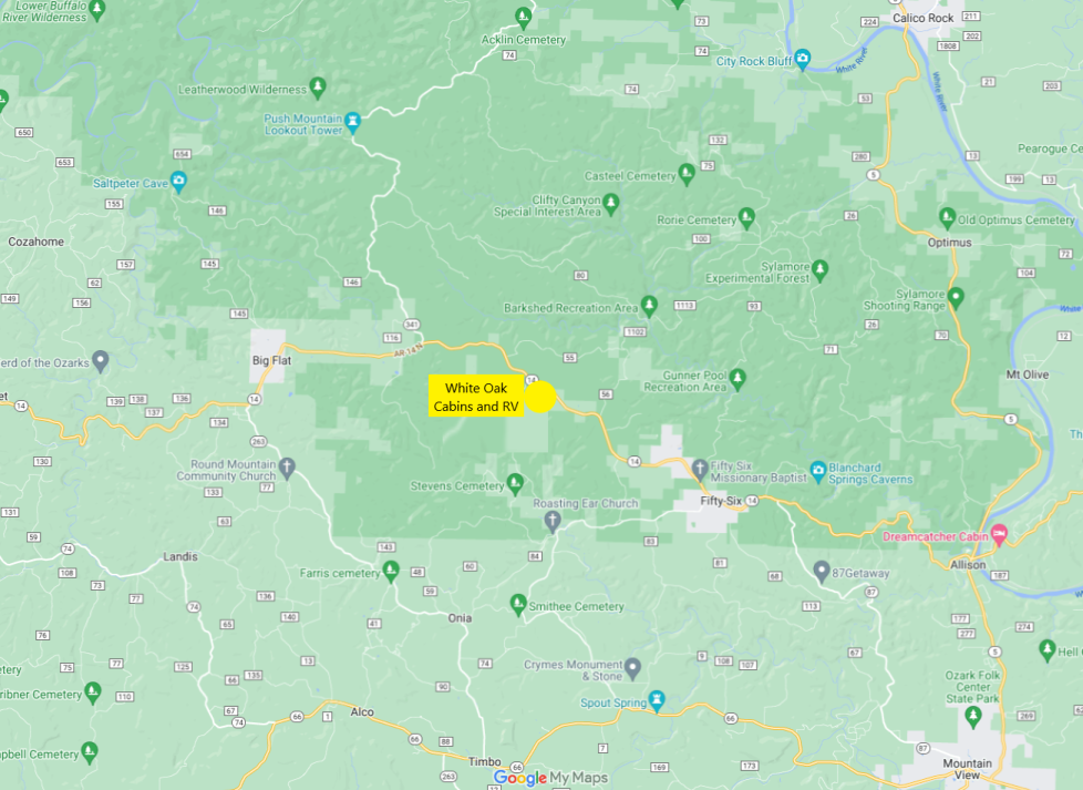 Google Maps view of a green rural area with roads, towns, and a yellow location label near the center