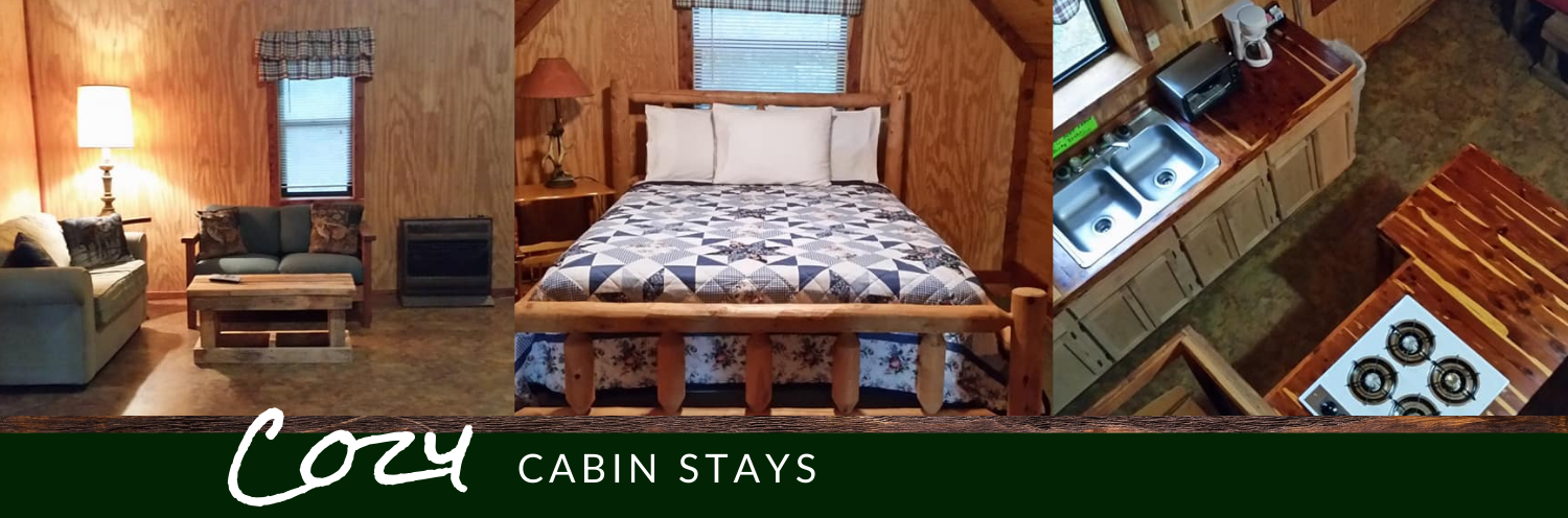 Cozy cabin stays collage with warm wood interiors, bed, lamp, and rustic decor