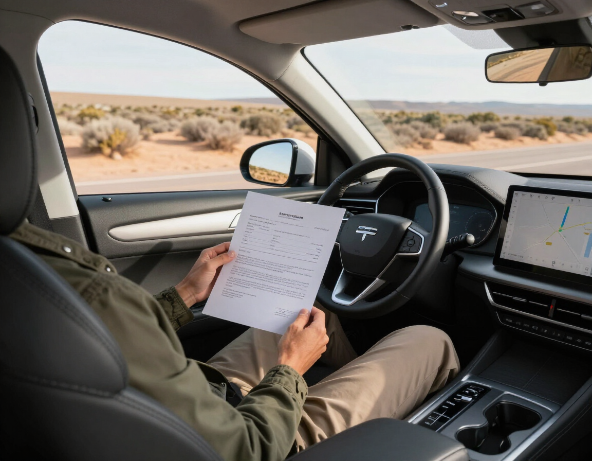 Conductor revisando los cargos de peaje de un auto alquilado