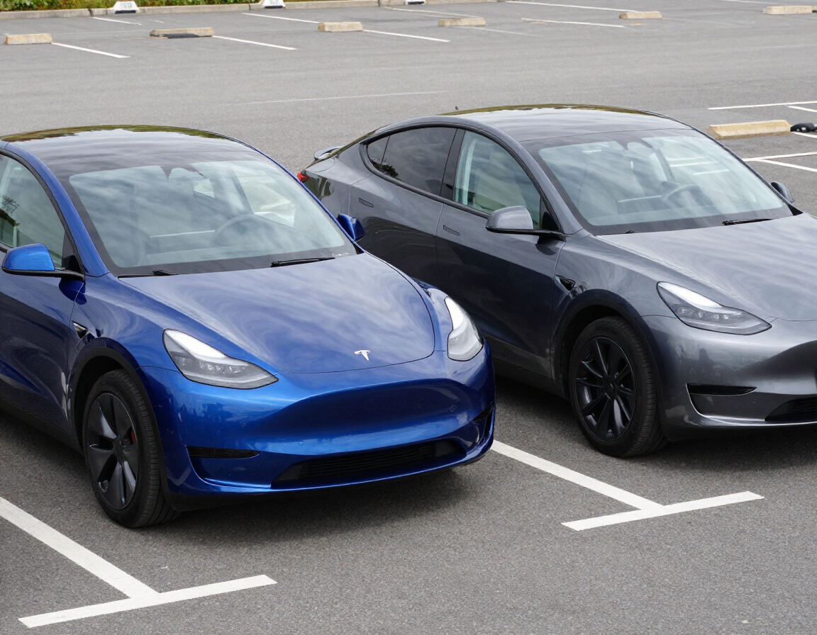 Dos sedanes Tesla estacionados, uno azul y otro gris, en plazas de aparcamiento señalizadas sobre asfalto.